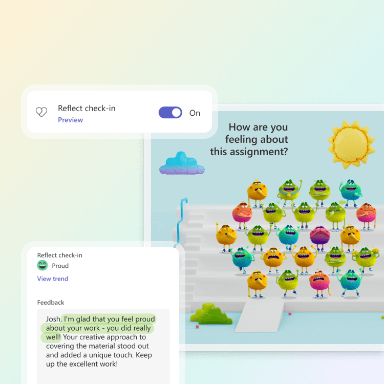 >Screenshots from Reflect in Microsoft Teams Assignments: Add check-in to your assignment, explore the Together view, and personalize feedback to students.