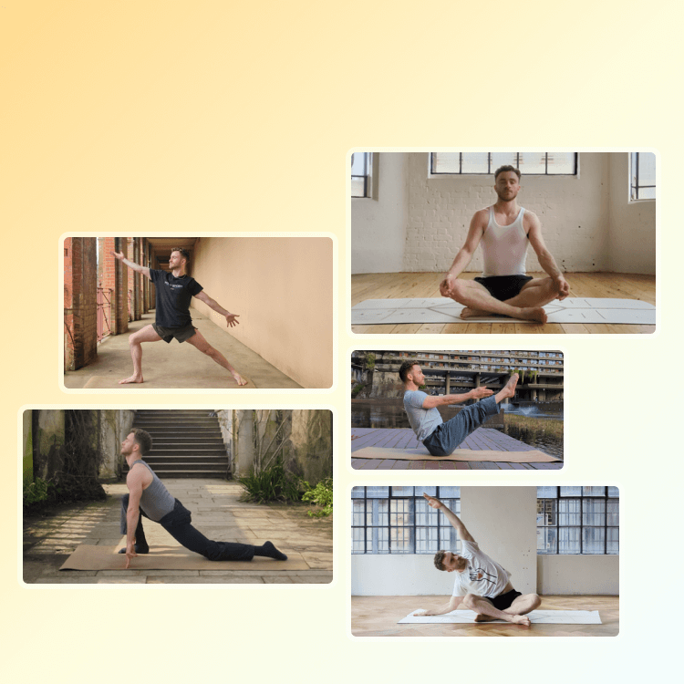 Thumbnails from Anthony's yoga videos in Reflect show him practicing different yoga poses outdoors.