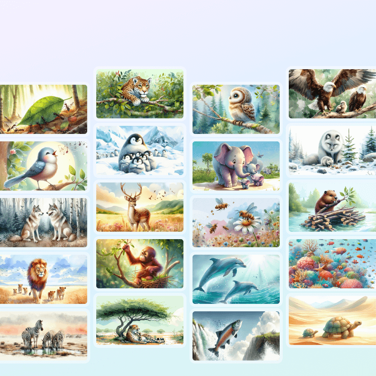 Collections of animal thumbnails represent the different stories available in Reflect.