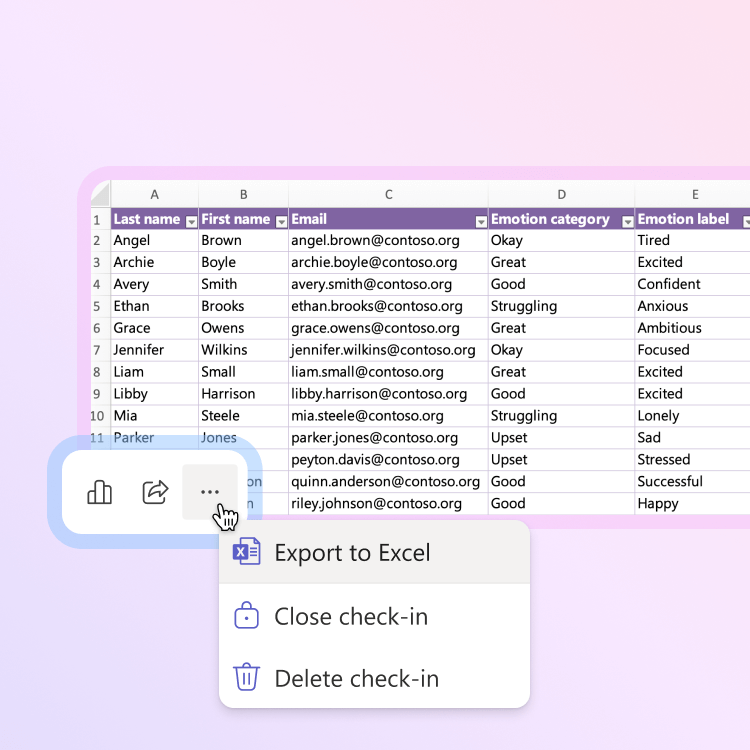 Screenshot from Reflect shows how to export check-in data to Excel and what this data looks like in Excel.