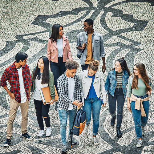 College students in a study group, walking