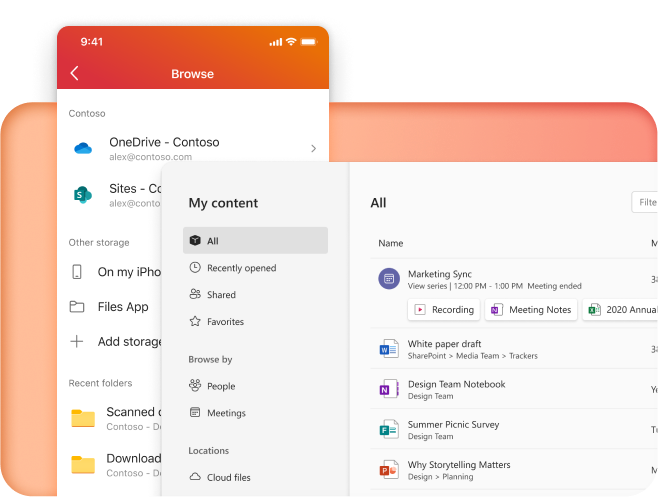 Screenshots der Desktop- und mobilen App, der die Organisationskomponenten von Microsoft 365 darstellt