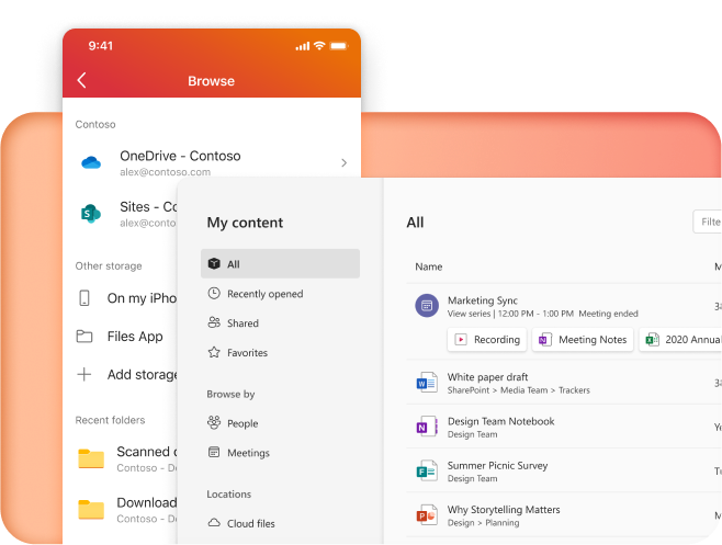 Desktop and mobile app screenshots representing the organisational components of Microsoft 365