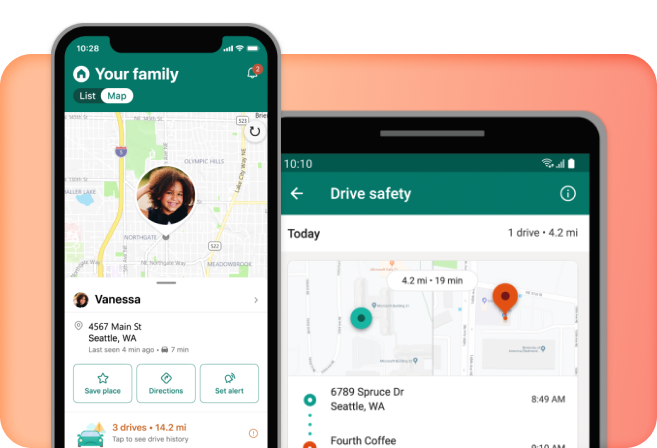 Cuplikan layar seluler dan desktop aplikasi Family Safety membantu keluarga tetap terhubung dan aman