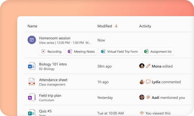 Captura de pantalla que muestra los planes de lecciones y las sesiones de clase grabadas en Microsoft 365