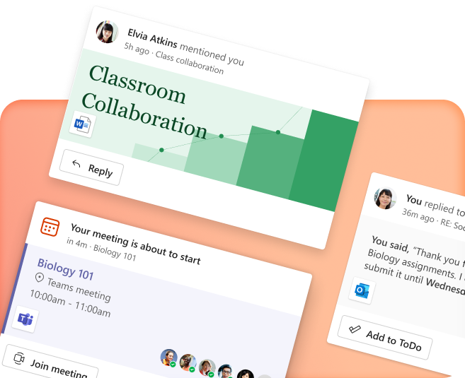 Screenshots showing virtual collaboration features of Microsoft 365 for students and educators