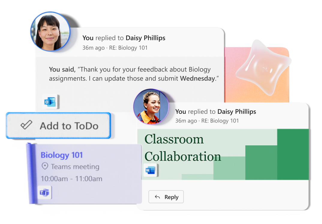 Capturas de pantalla que mostran as funcionalidades de colaboración virtual de Microsoft 365 para estudantes e docentes