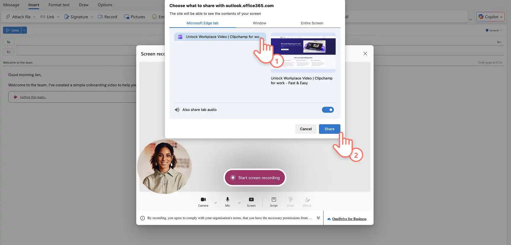 Usuário habilitando as permissões de gravação de tela no Outlook