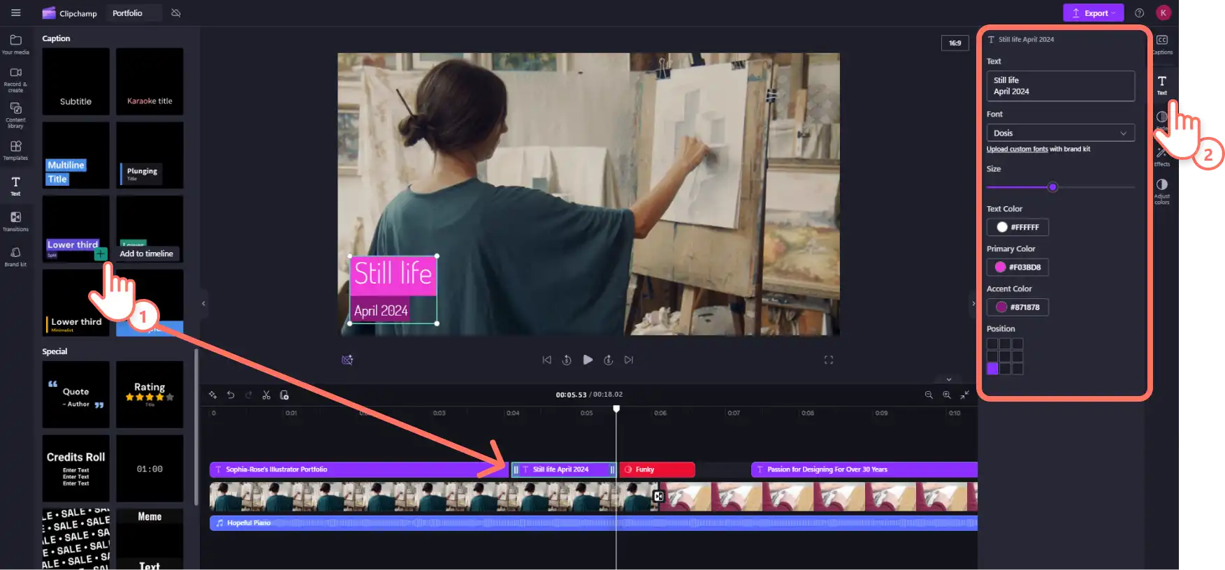 Un utente di Clipchamp aggiunge grafica terzo inferiore al suo portfolio video.