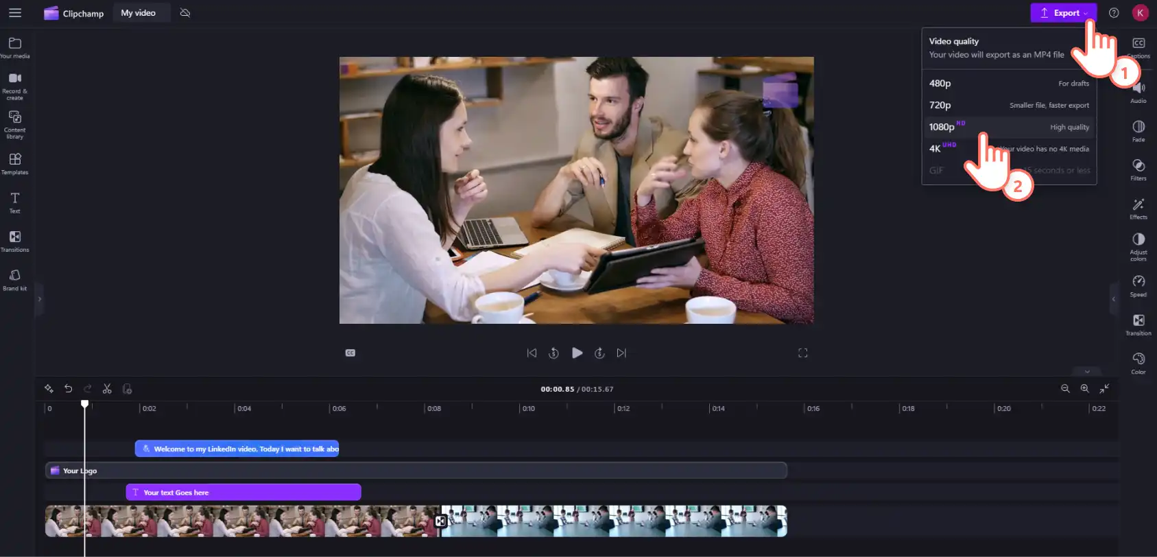 Gambar pengguna Clipchamp mengekspor video LinkedIn mereka dalam resolusi 1080p.