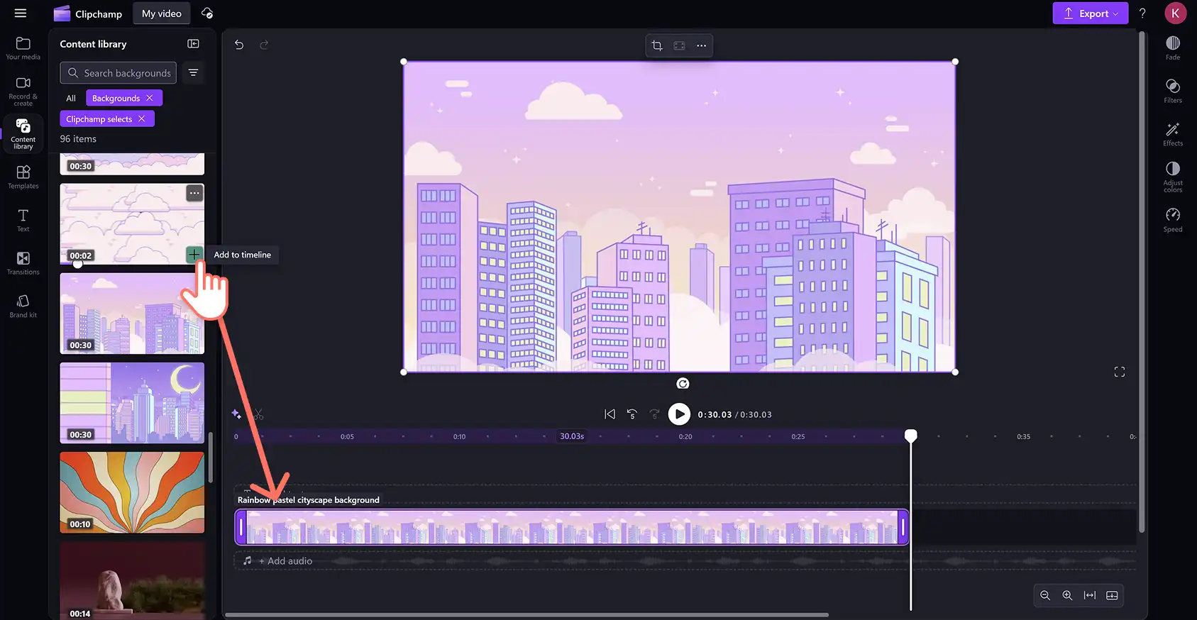 Một người dùng đang kéo và thả nền video vào dòng thời gian trong trình biên tập video Clipchamp. 