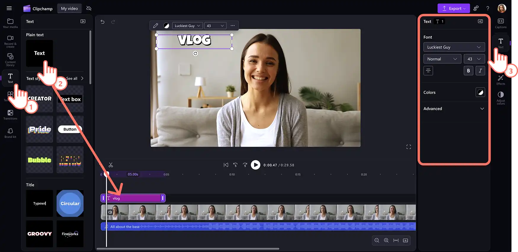 En bruker som legger til en tekstanimasjon i video i Clipchamp