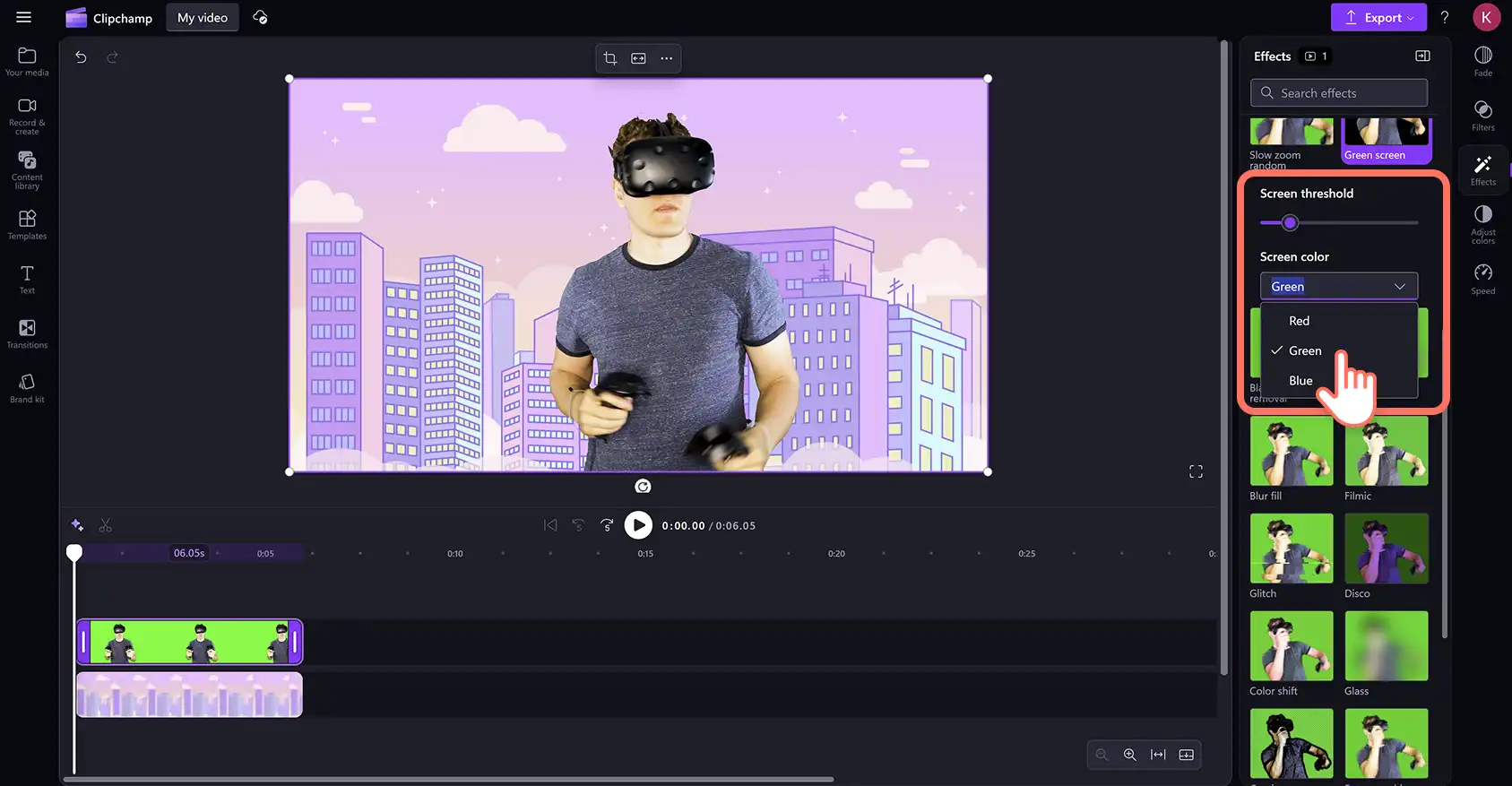 Một người dùng đang điều chỉnh ngưỡng màn hình cho video meme green screen trong trình biên tập video Clipchamp. 