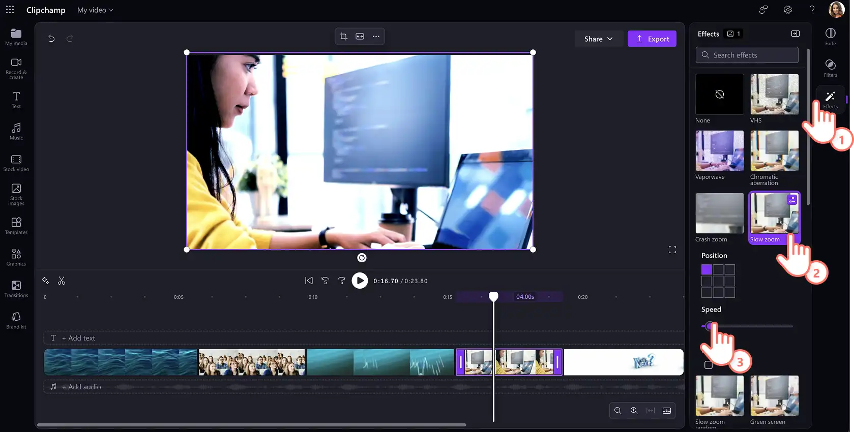 En användare lägger till en långsam zoom-effekt till en video i Clipchamp för arbete