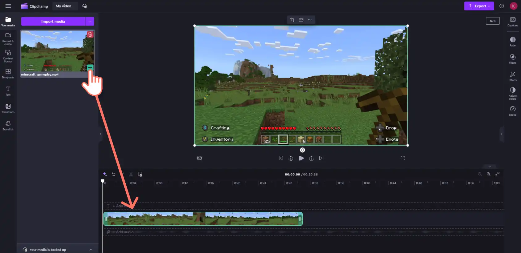 An image of a Clipchamp user dragging a Minecraft clip onto the editing timeline.