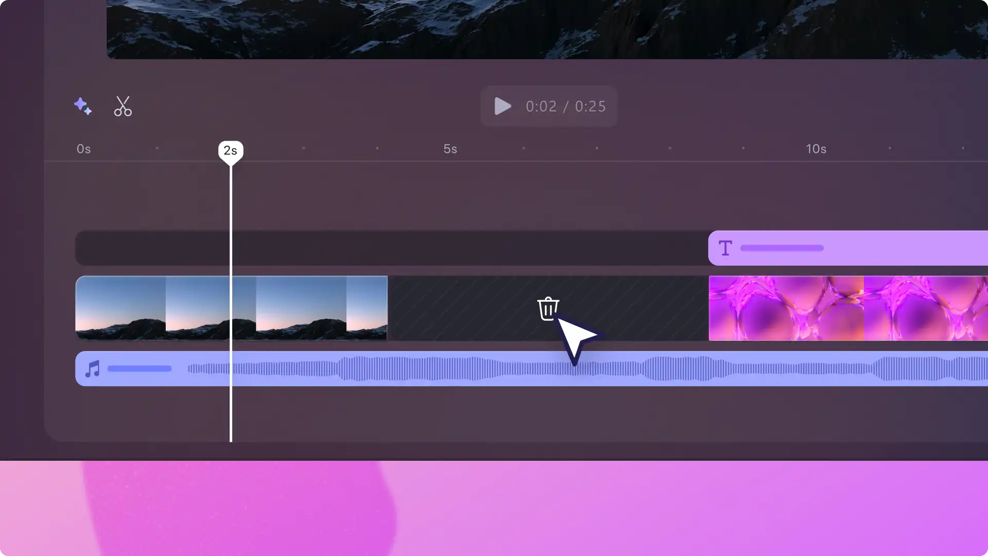 Kursor terapung di atas ikon pembuangan jurang, pada garis masa, dalam editor video Clipchamp.