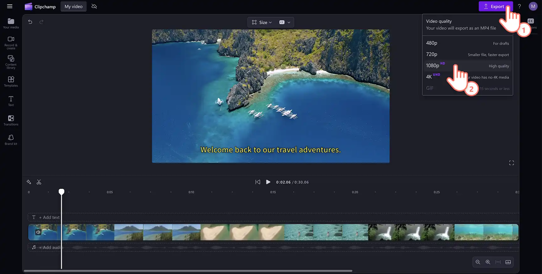 Imej seorang pengguna sedang pratonton dan kemudian mengeksport video mereka berserta sari kata pada 1080p dalam Clipchamp.