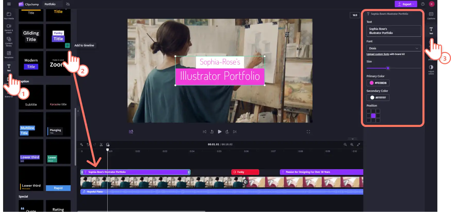 Un utente di Clipchamp aggiunge un titolo di testo animato al suo portfolio video.