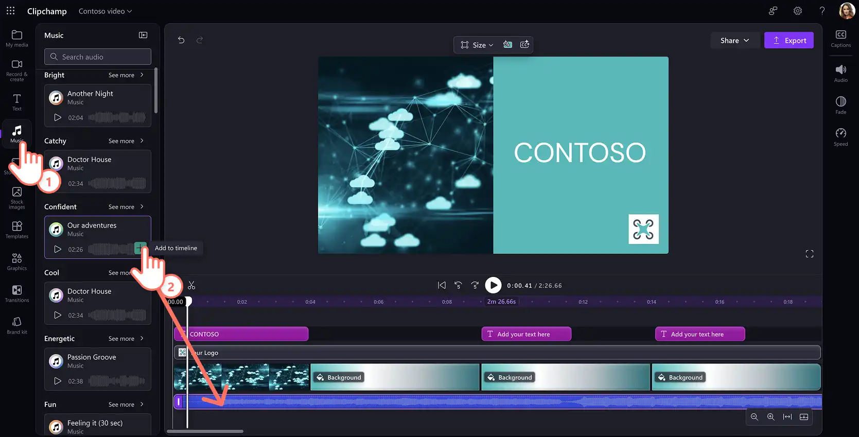 A user adding a royalty-free background music track to video template in Clipchamp
