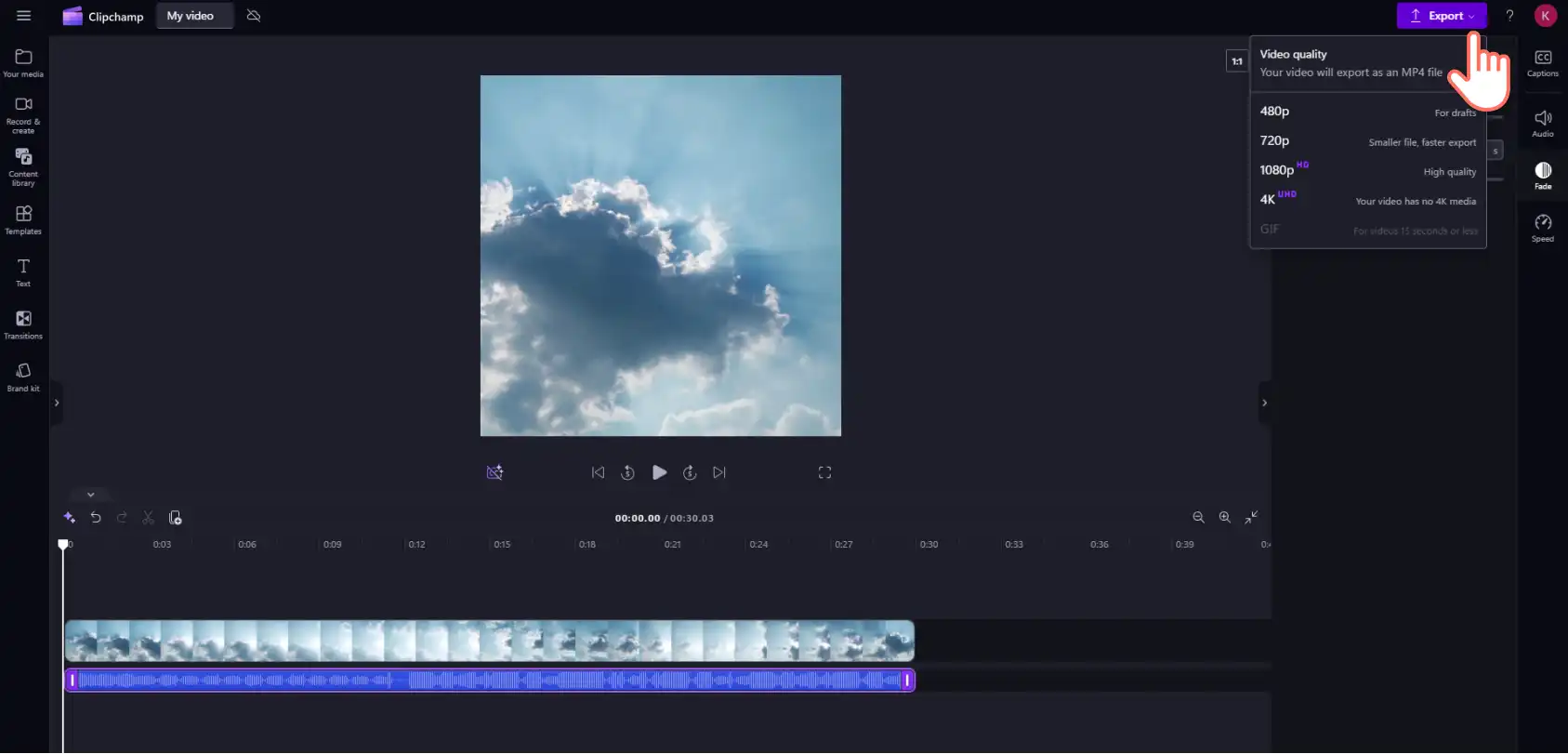 Người dùng đang xuất video Instagram trong Clipchamp. 