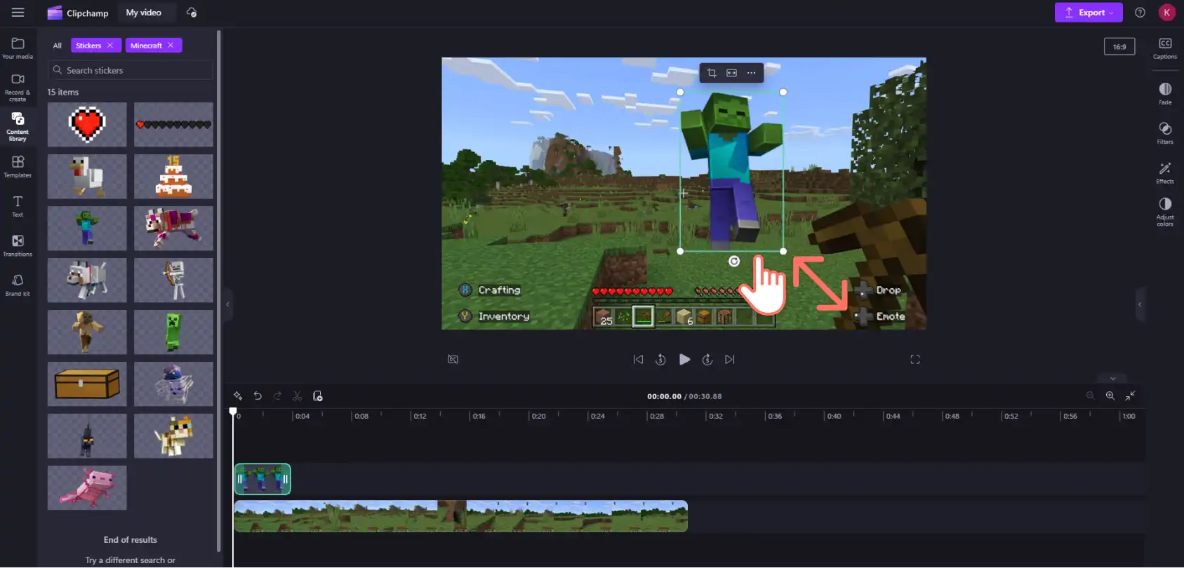 An image of a Clipchamp user resizing a Minecraft sticker.