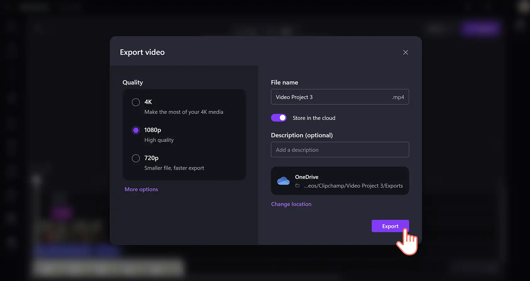 Usuário exportando um vídeo de demonstração de produto no Clipchamp para o trabalho.