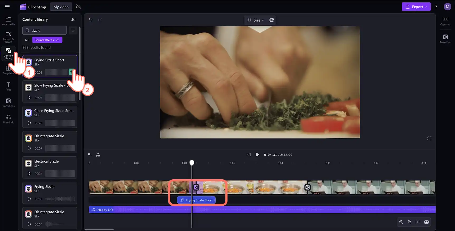 Usuário adicionando um efeito sonoro em uma transição na linha do tempo.
