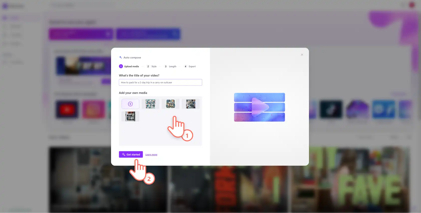 Syot layar seorang pengguna Clipchamp memuat naik aset visual ke dalam autogubah.