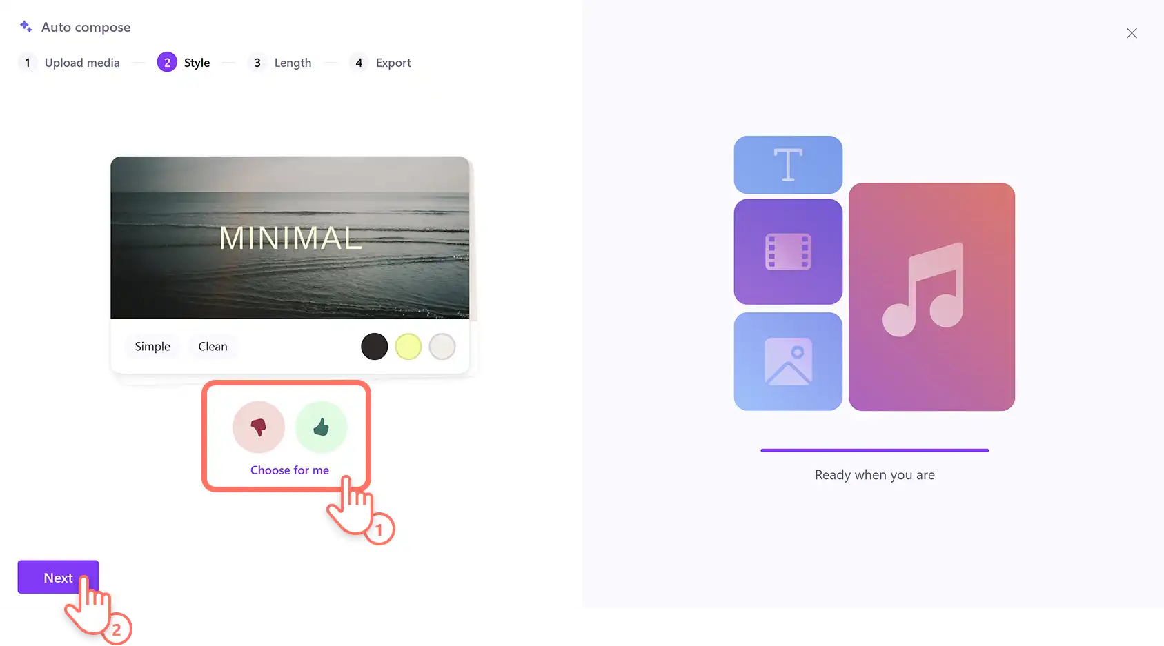 Un utente che sceglie uno stile per il video utilizzando la composizione automatica basata sull'IA nell'editor video Clipchamp.