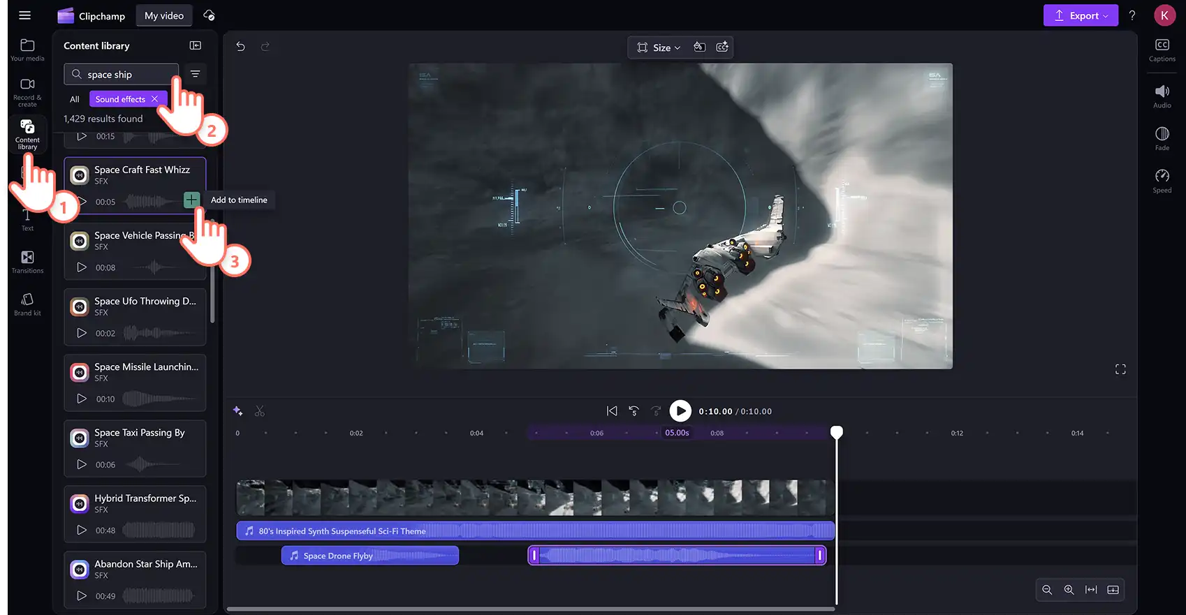 Een gebruiker voegt royaltyvrije geluidseffecten uit de inhoudsbibliotheek toe aan de tijdlijn in de Clipchamp-video-editor.