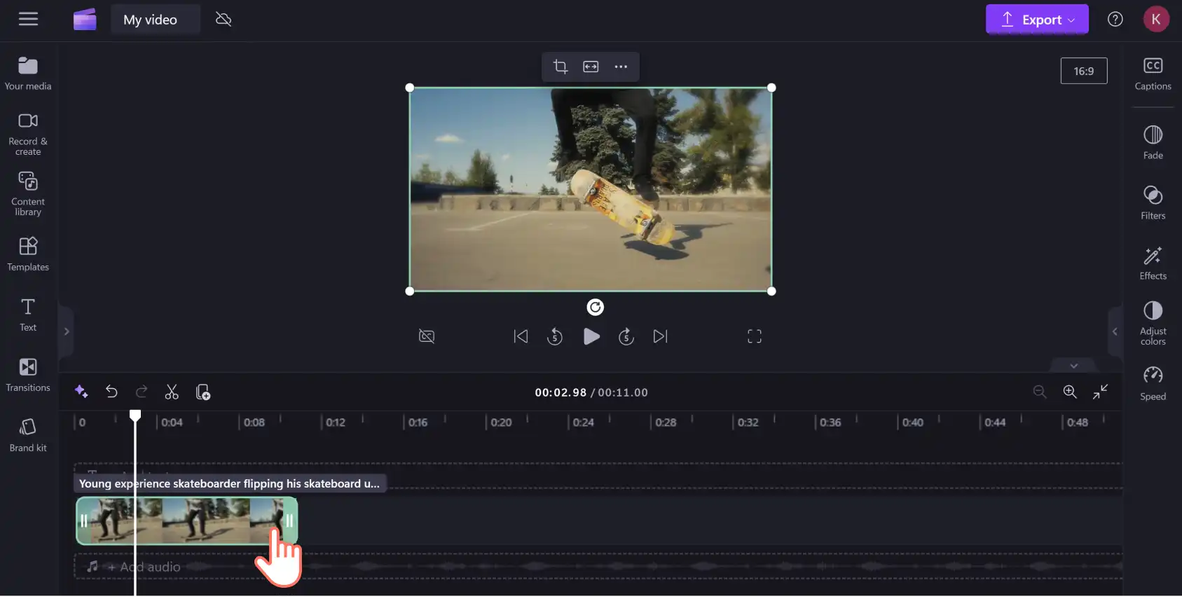 An image of a Clipchamp user trimming the length of their video.