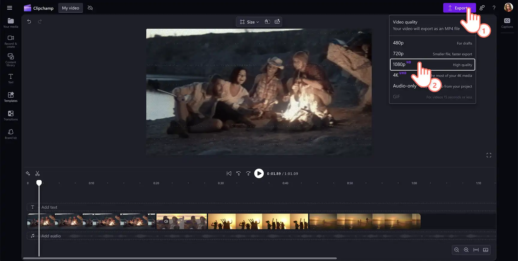 Um utilizador a exportar um vídeo de efeito VHS em HD de 1080p no Clipchamp.