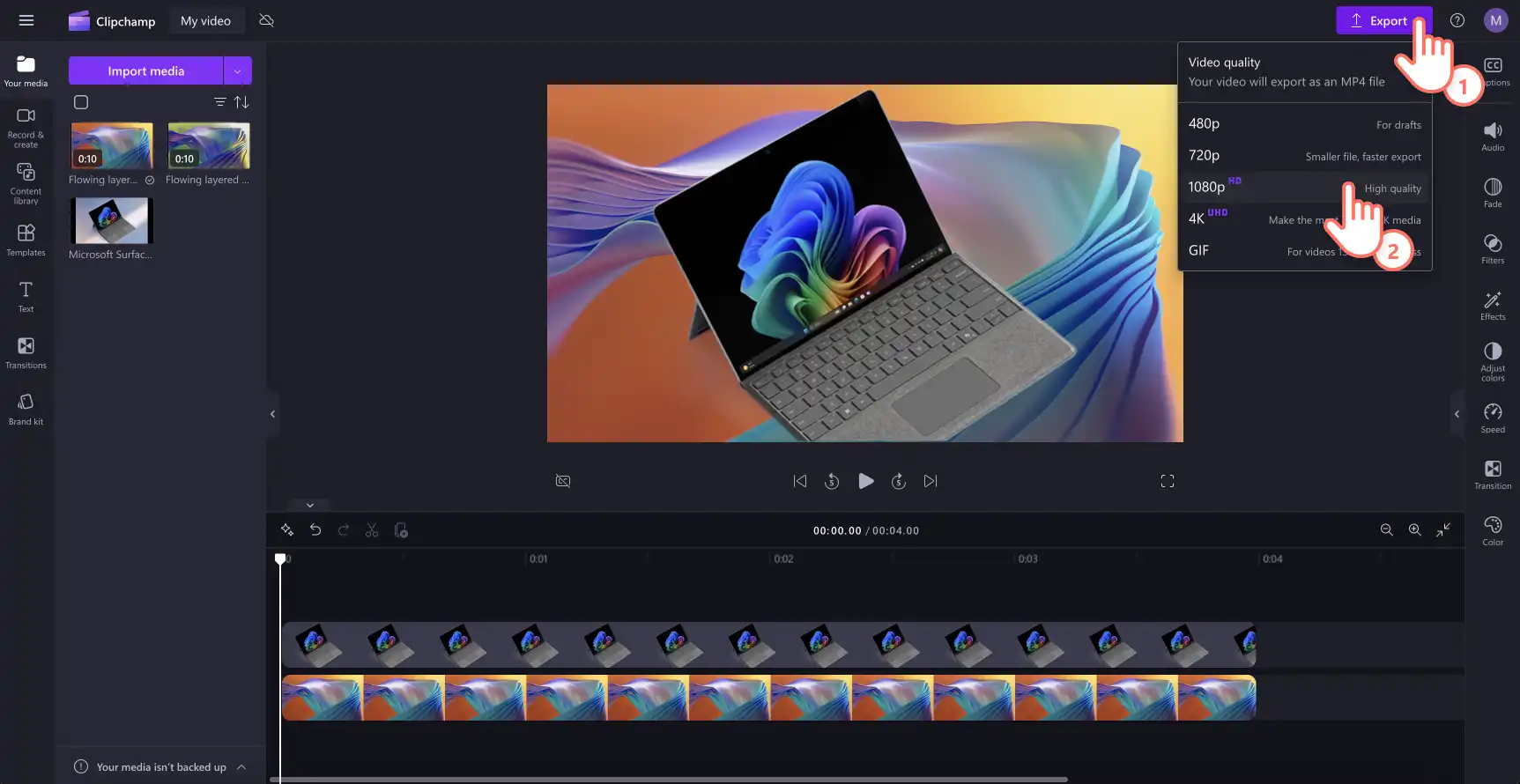 Käyttäjä, joka vie videon korkealaatuisina Clipchamp. 