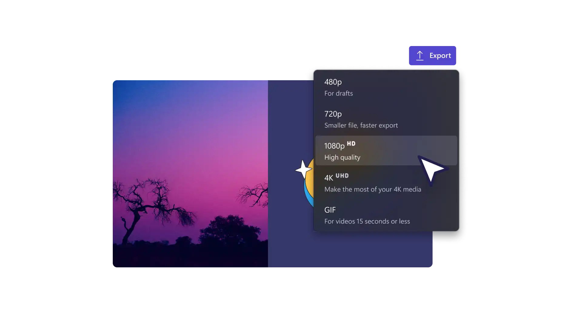 Clipchamp’te videoyu farklı çözünürlüklerde kaydetme seçeneklerini gösteren görsel. 
