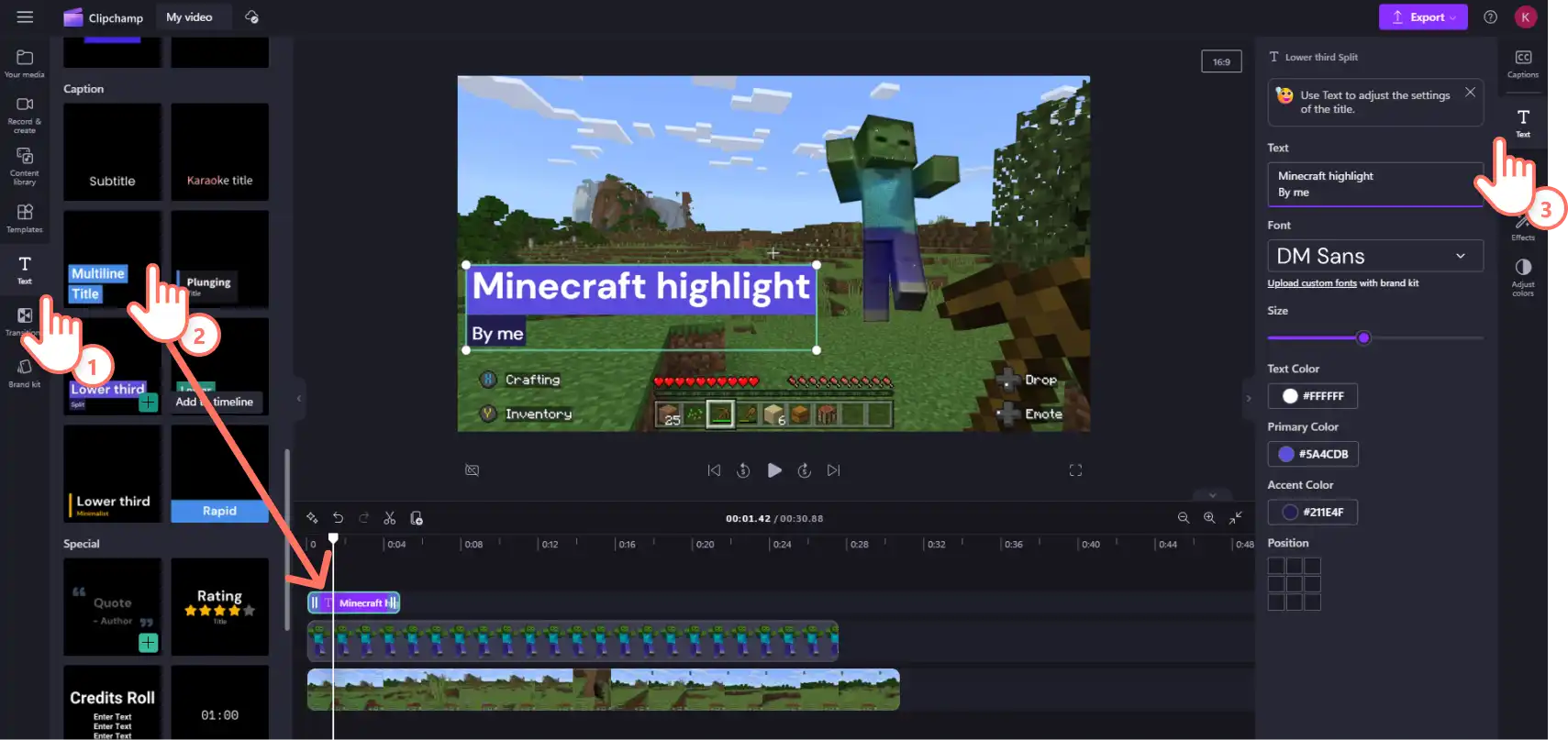 An image of a Clipchamp user adding lower third text to their video clip.