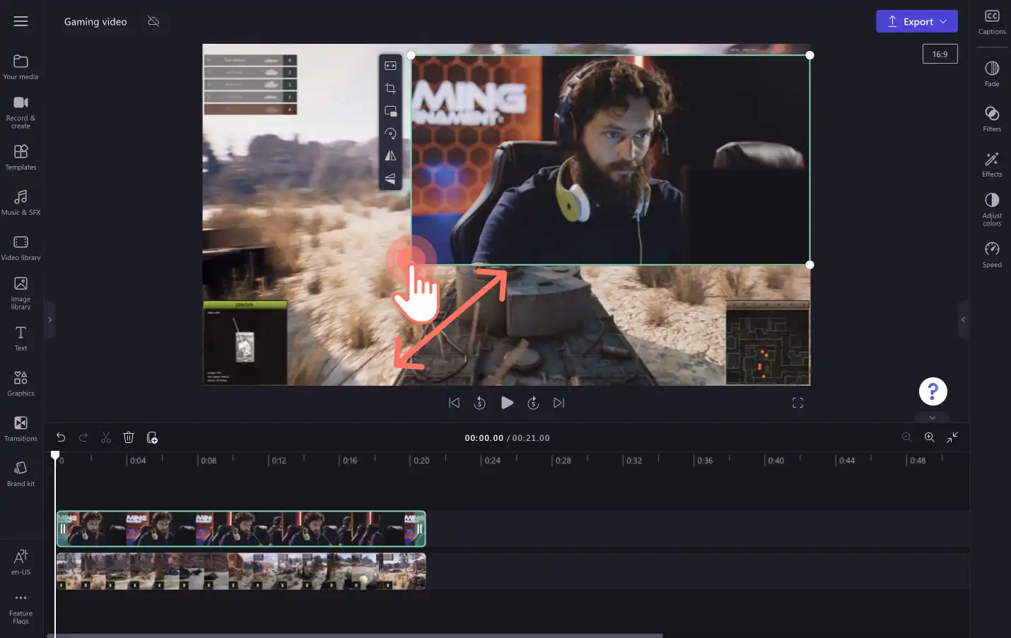 Ein Bild von einem Benutzer, der die Größe der Video-Überlagerung freihändig bearbeitet.