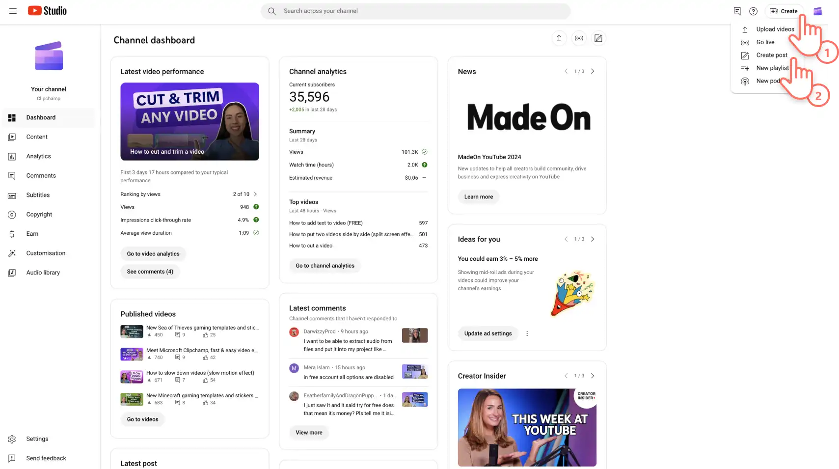Steg 1. Skapa ett nytt inlägg i YouTube Studio
