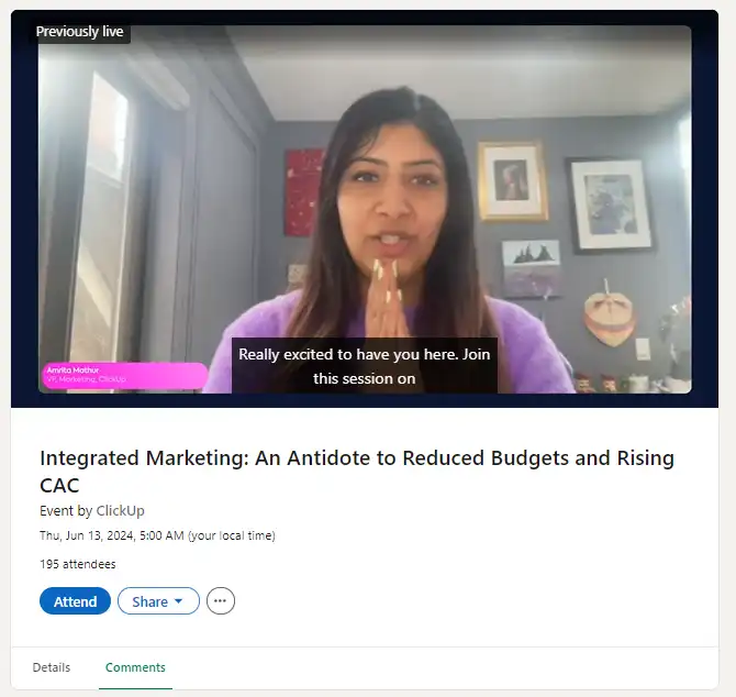 Cuplikan layar video LinkedIn Live oleh ClickUp.