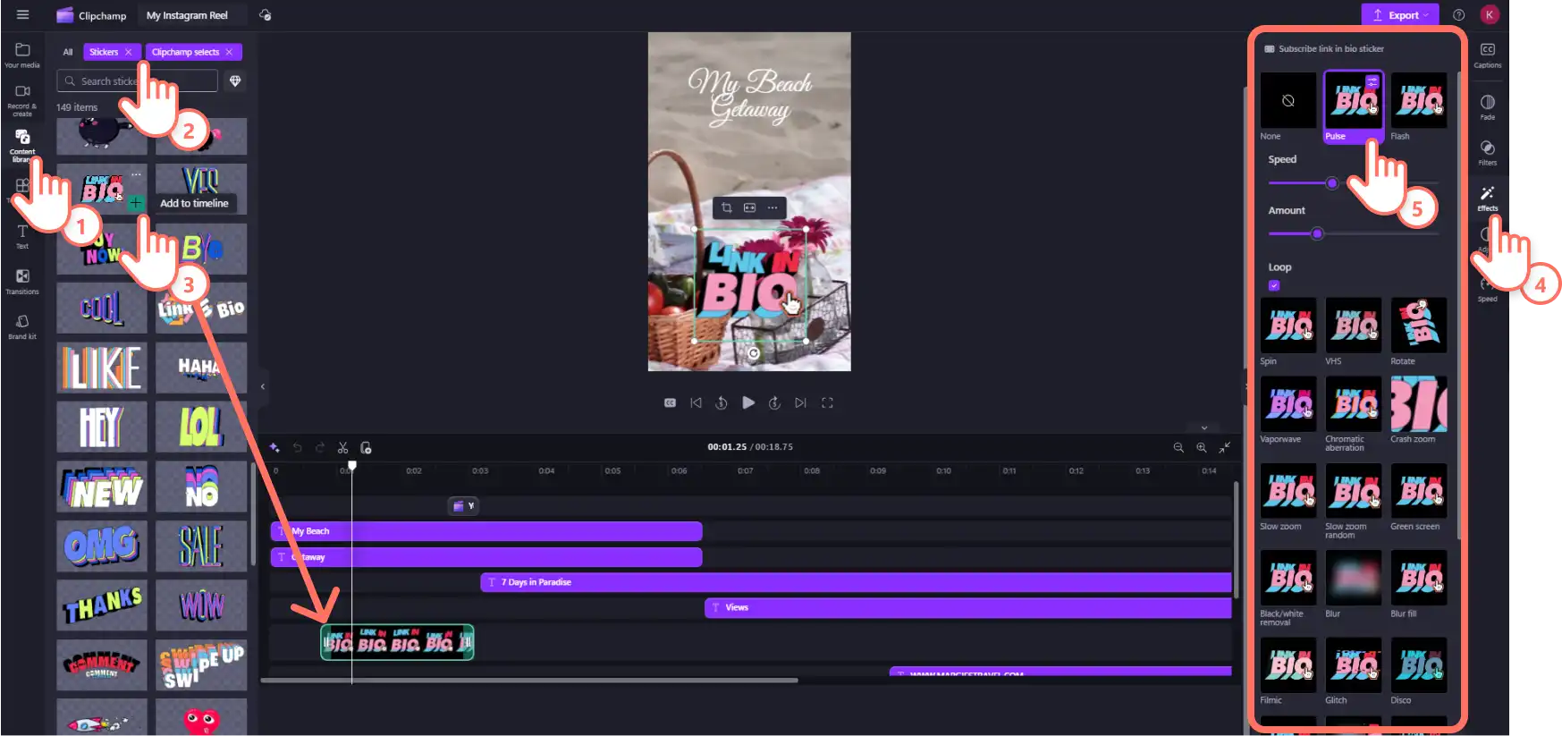 Người dùng Clipchamp đang thêm nhãn dán động vào video Reel trên Instagram của mình.