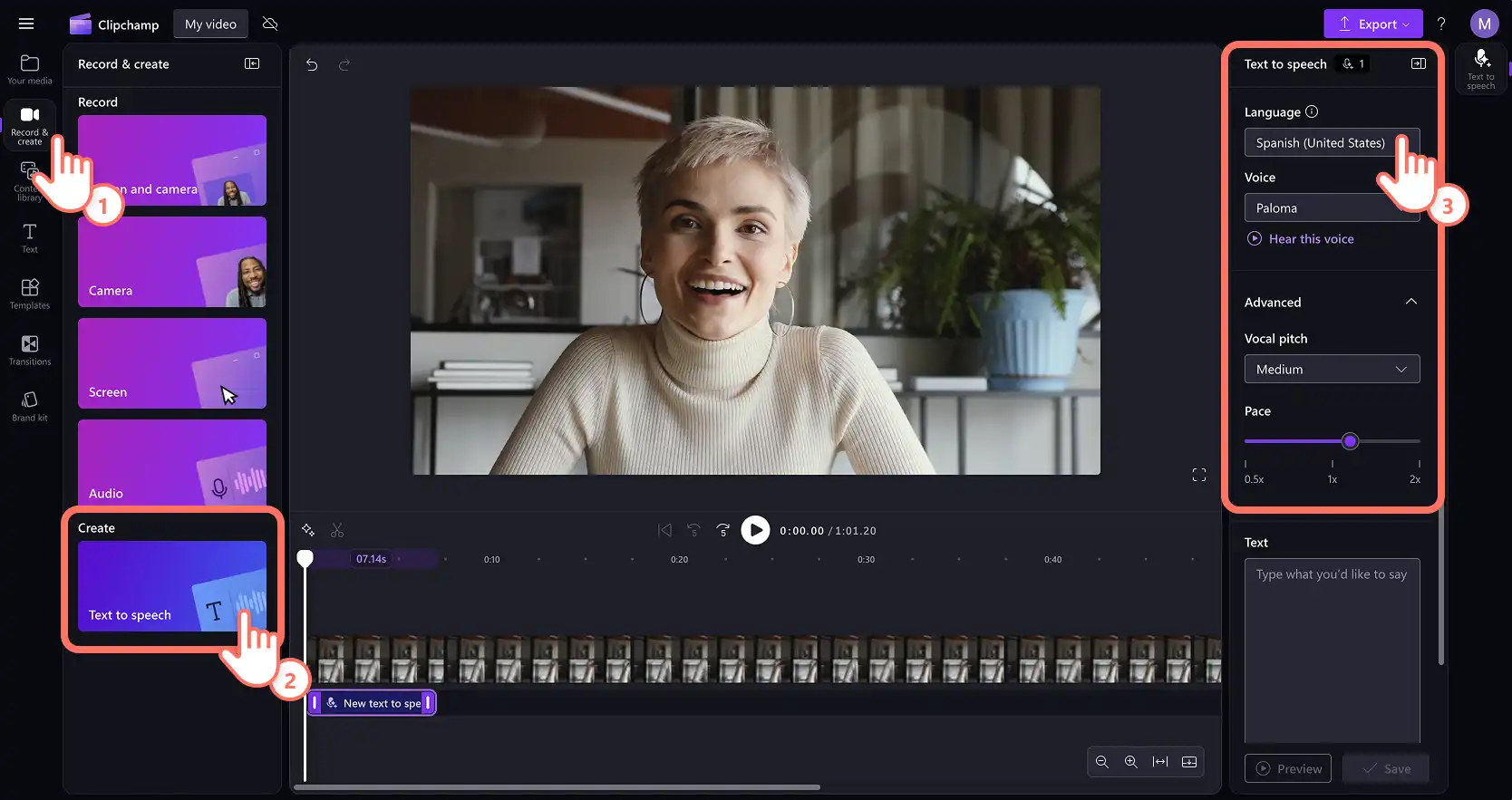 En bruker som velger en spansk KI-stemme og -stil i videoredigeringsprogrammet Clipchamp.