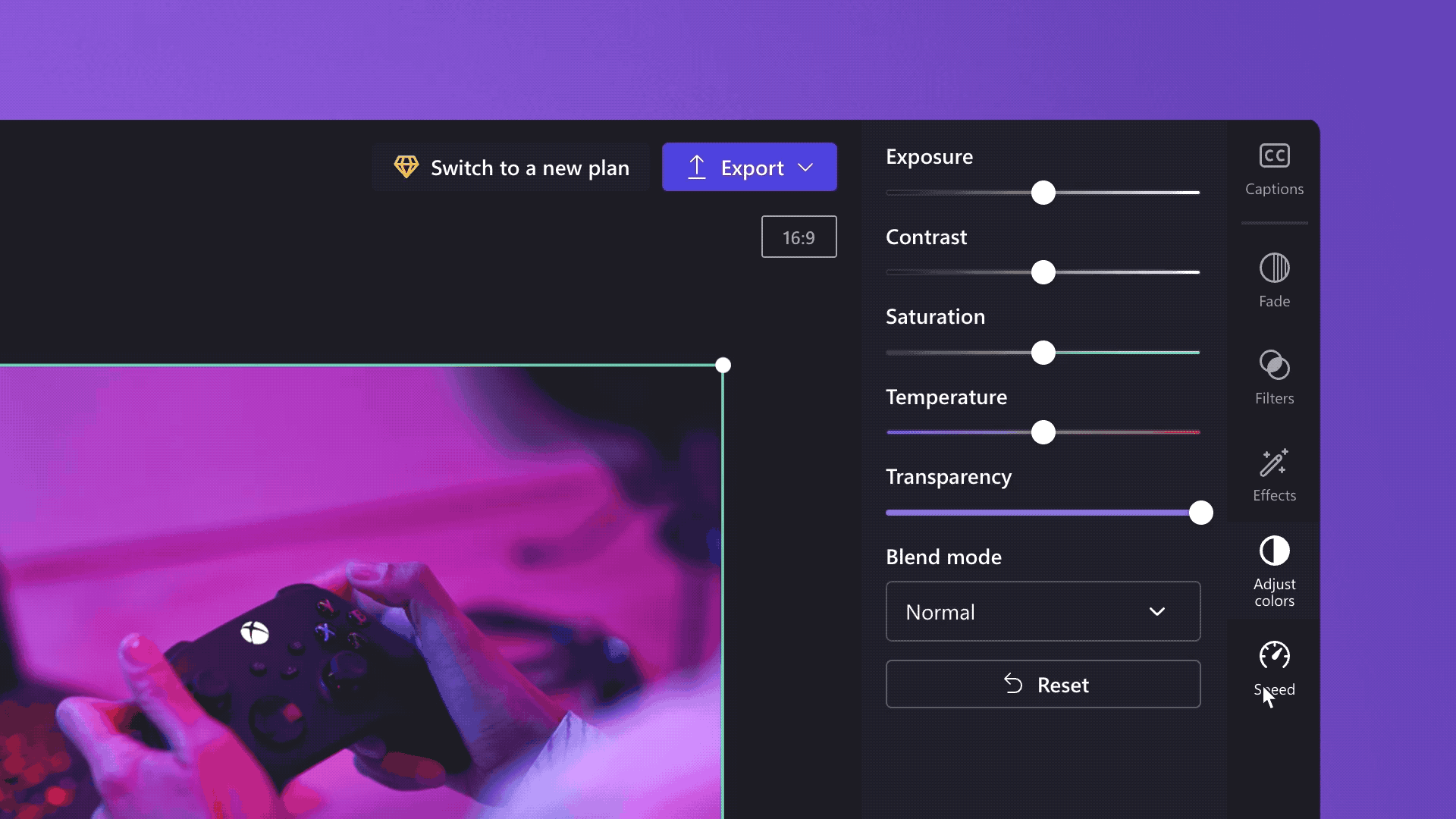 Skydere til hurtigindstilling i Clipchamp-videoeditor