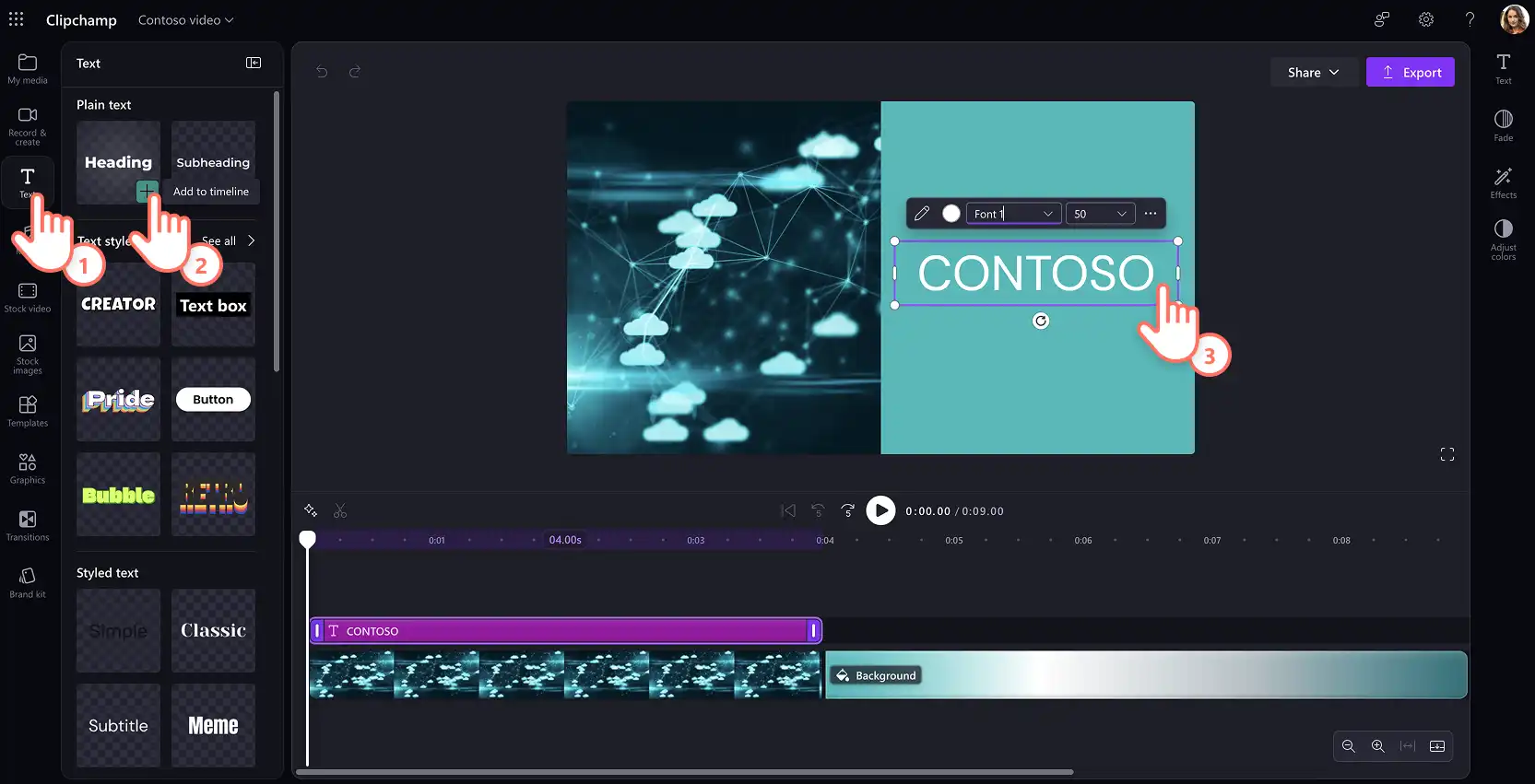 A user adding text and animated titles to a video template in Clipchamp