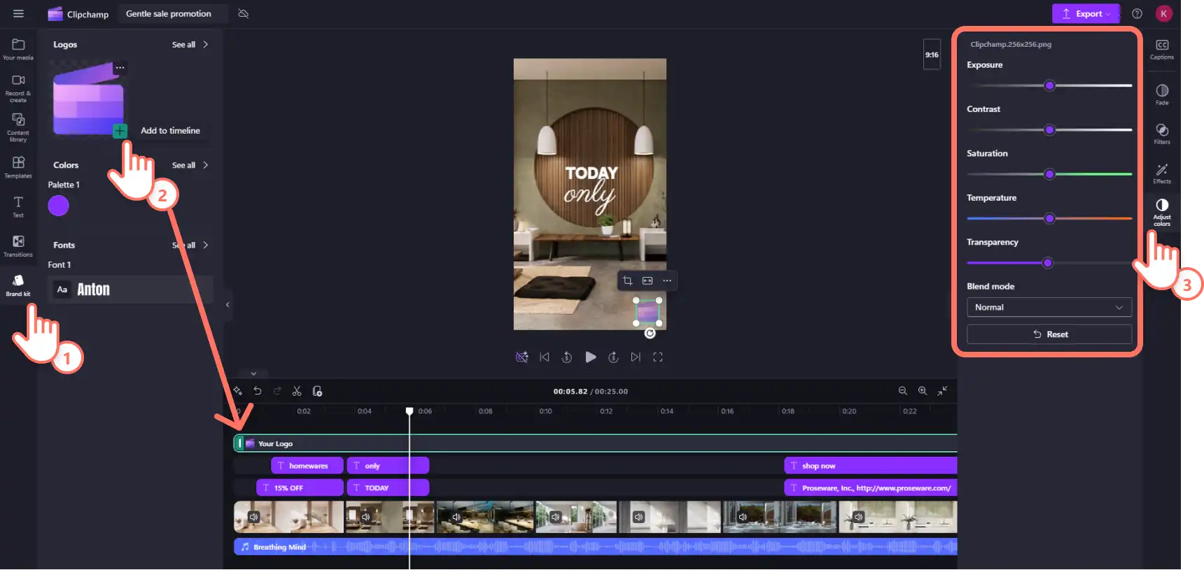 Ein Benutzer, der Objekte aus dem Brand Kit zu einer Instagram-Videoanzeigenvorlage in Clipchamp hinzufügt. 