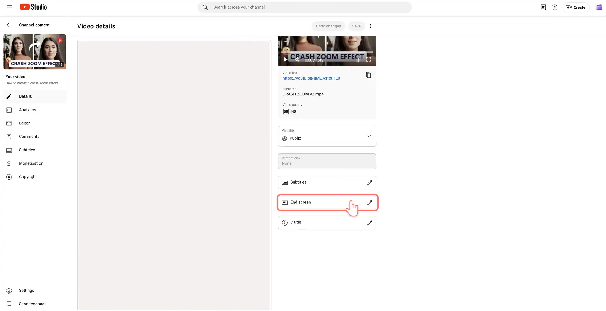 Auswahl eines Endbildschirms für ein Video über die Bearbeitungsfunktion in YouTube-Studio