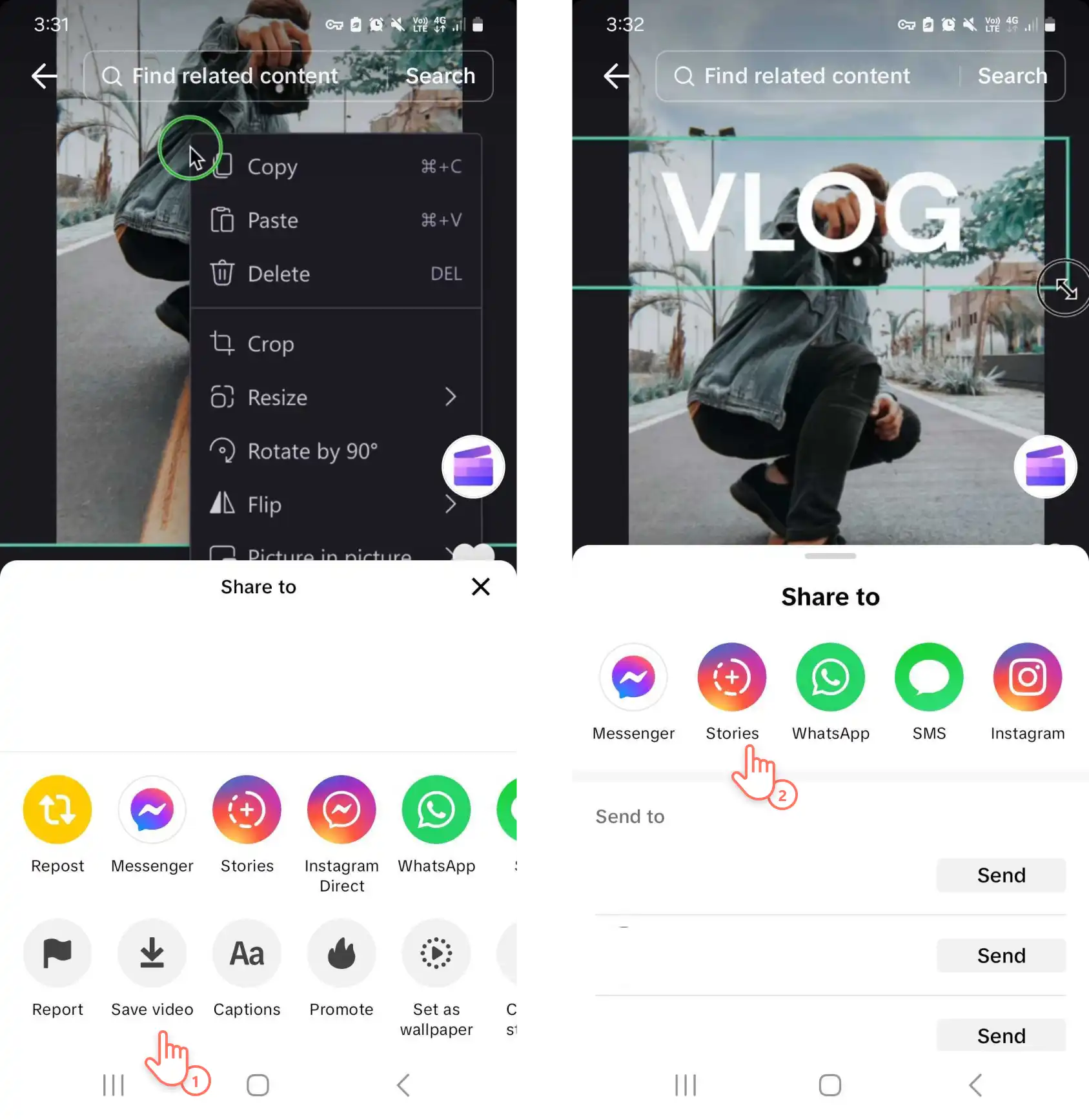 Et billede af en Clipchamp-bruger, der gemmer en video fra TikTok og deler direkte på Instagram Stories.