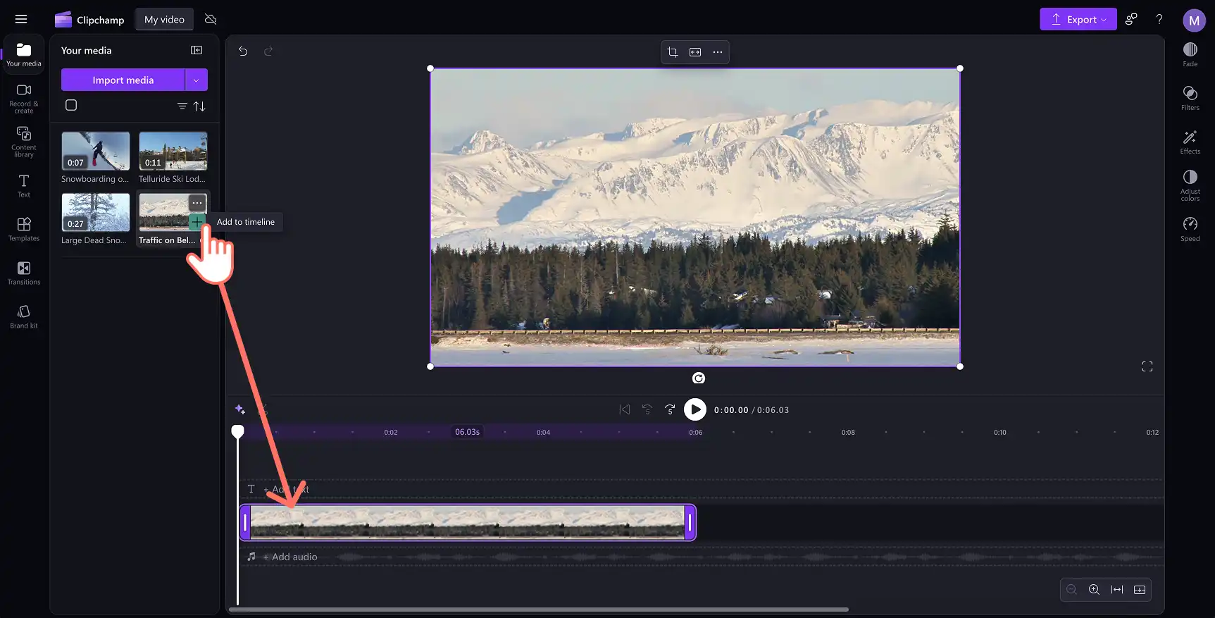 A user dragging and dropping video onto the timeline in Clipchamp.