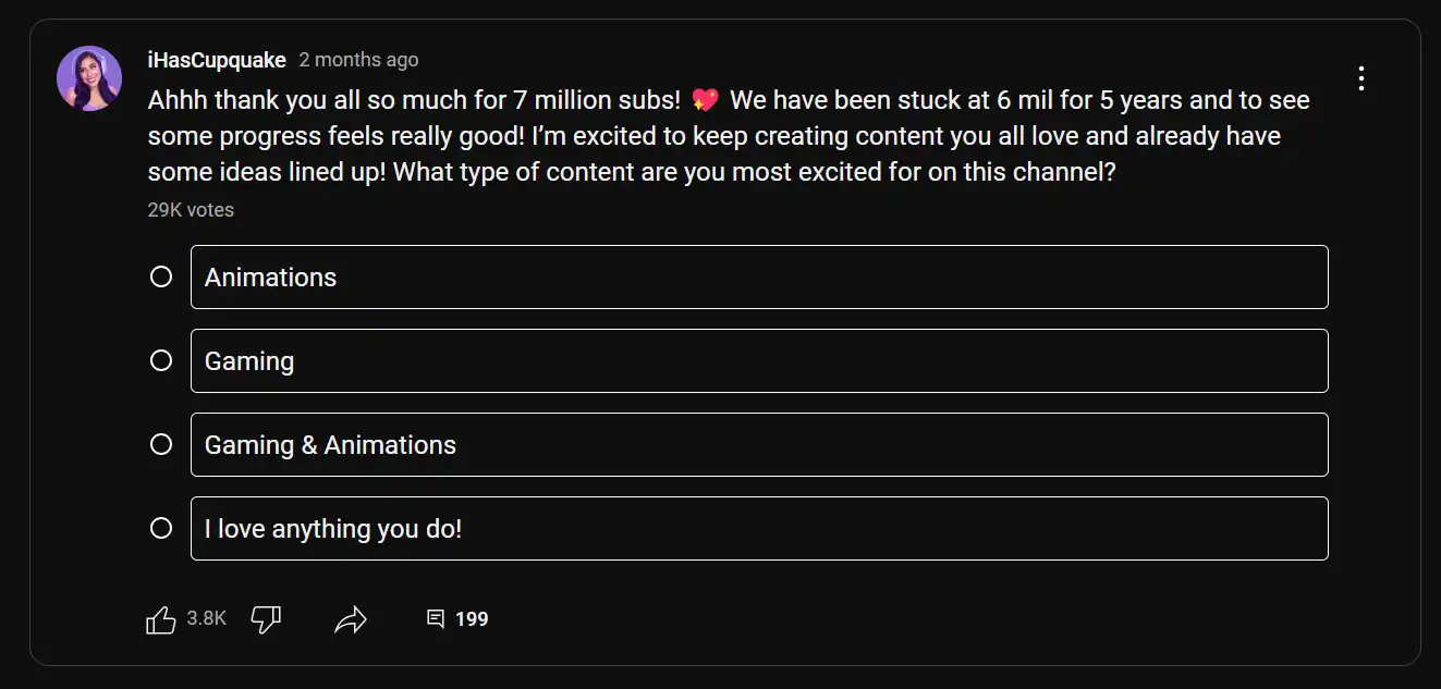 Skärmbild av en YouTube-omröstning från iHasCupquake.