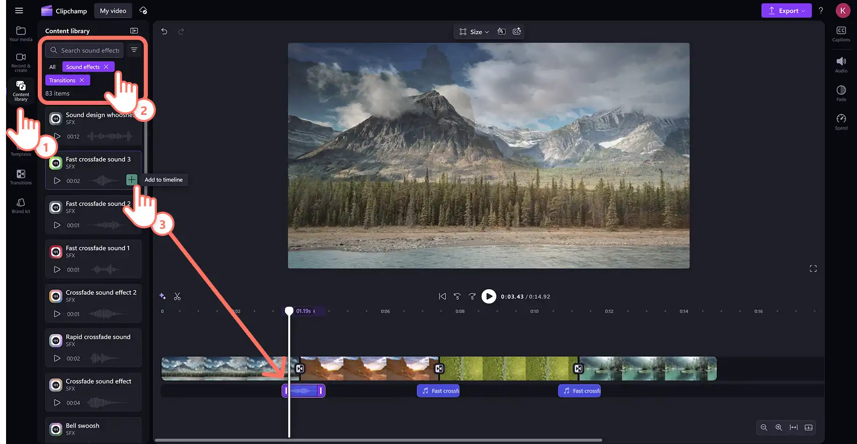 Un utente che aggiunge effetti audio alle transizioni in un clip video unito in Clipchamp editor video. 