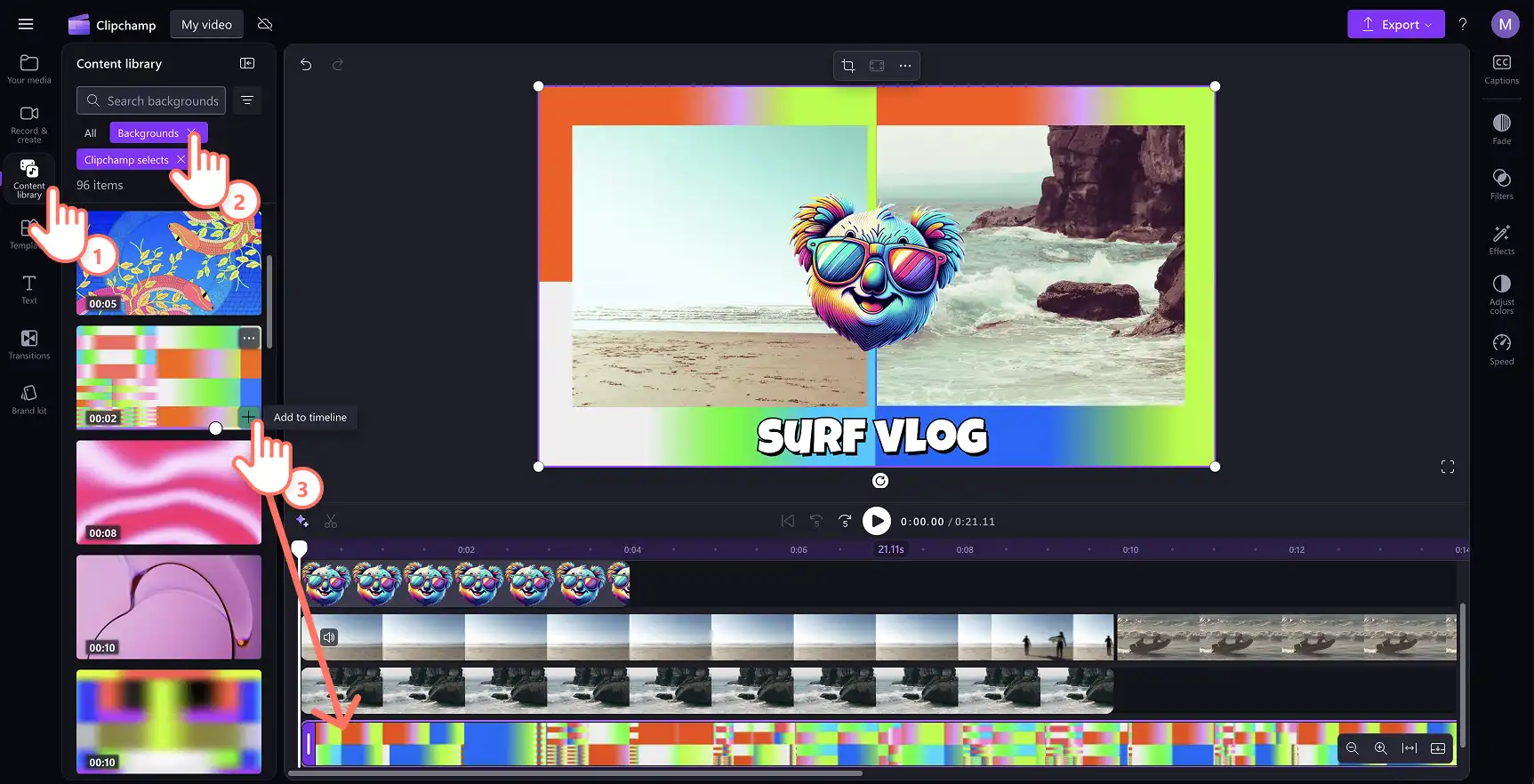 Một người dùng đang thêm lớp phủ nền vào video trong Clipchamp