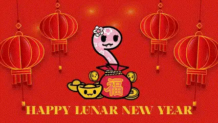 赤い提灯に囲まれたドル袋からヘビが飛び出す様子を描いた、旧正月を祝う GIF。